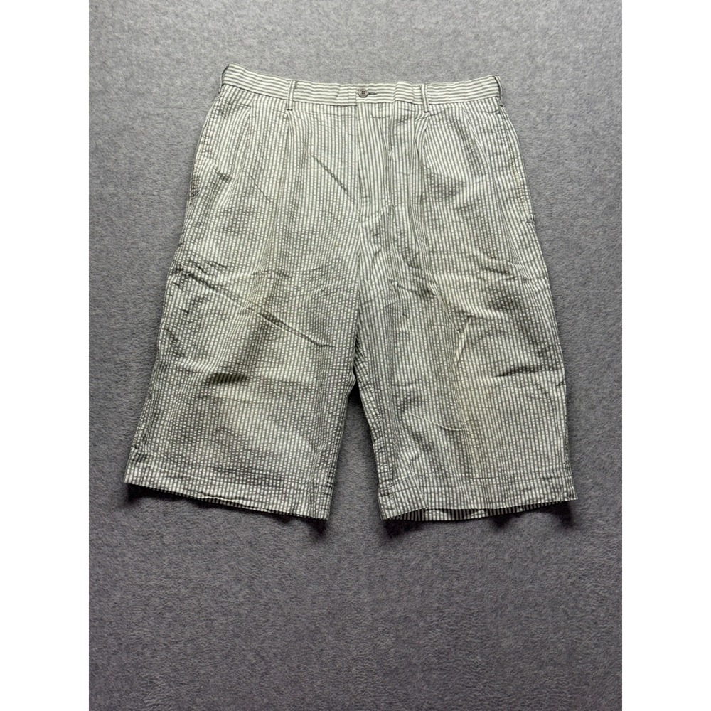 Trust Mens Green White Striped Seersucker Pleated Cotton Shorts Size 36